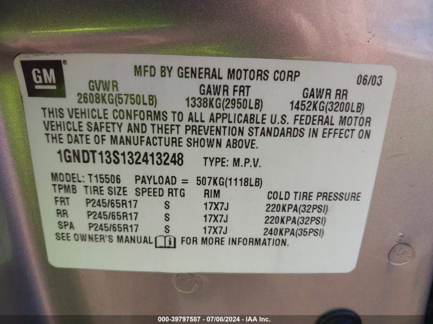 2003 Chevrolet Trailblazer Lt VIN: 1GNDT13S132413248 Lot: 39797587