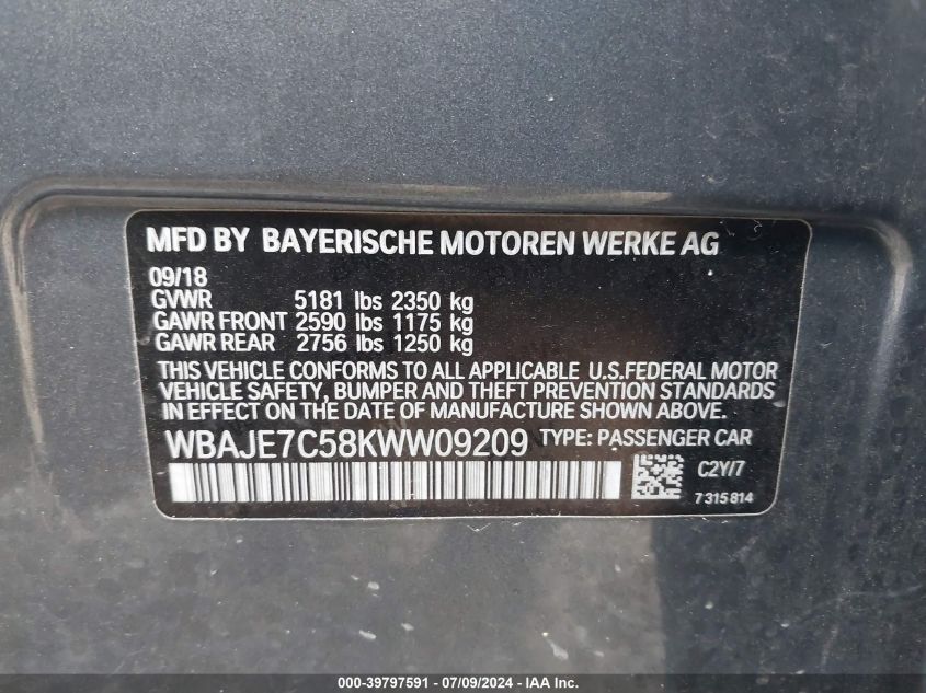 2019 BMW 540 Xi VIN: WBAJE7C58KWW09209 Lot: 39797591