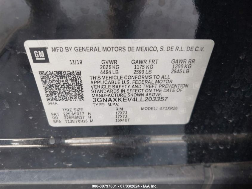 2020 Chevrolet Equinox Fwd Lt 1.5L Turbo VIN: 3GNAXKEV4LL203357 Lot: 39797601