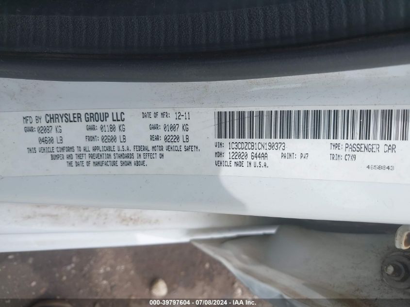 2012 Dodge Avenger Sxt VIN: 1C3CDZCB1CN190373 Lot: 39797604