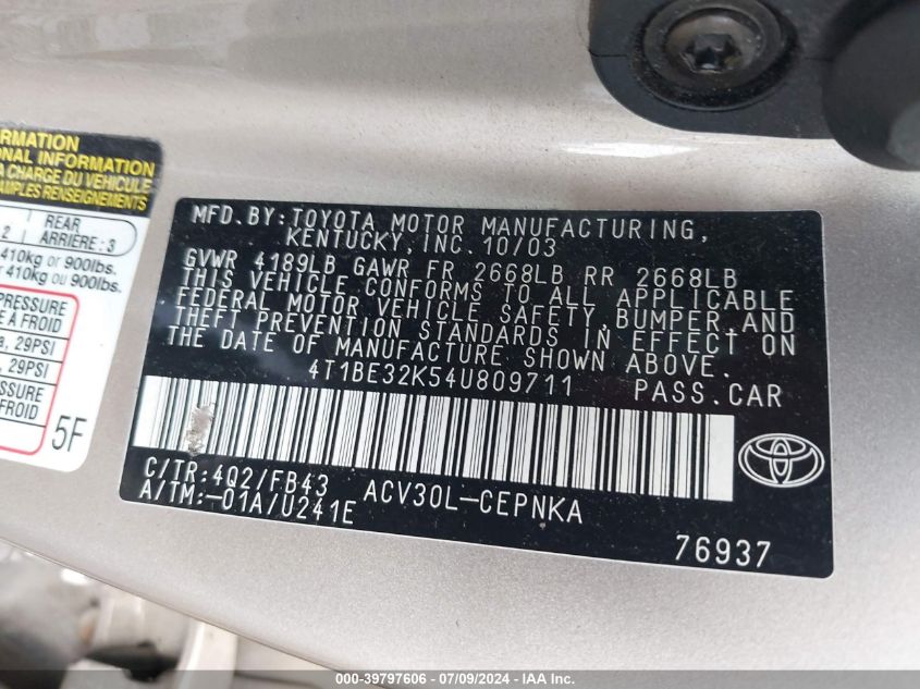 4T1BE32K54U809711 2004 Toyota Camry Le