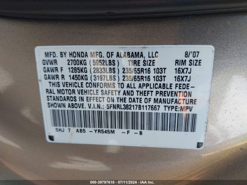 2007 Honda Odyssey Lx VIN: 5FNRL38217B117667 Lot: 39797618