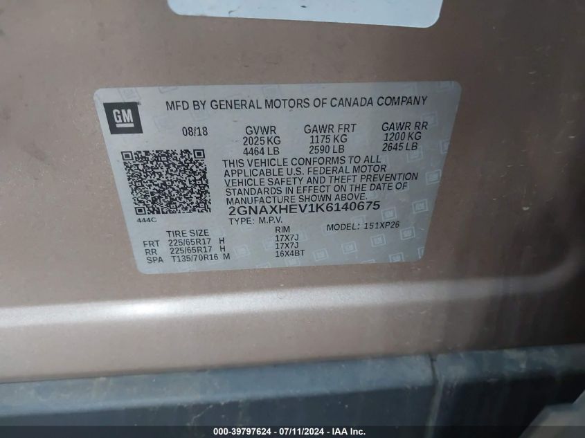 2019 Chevrolet Equinox Ls VIN: 2GNAXHEV1K6140675 Lot: 39797624