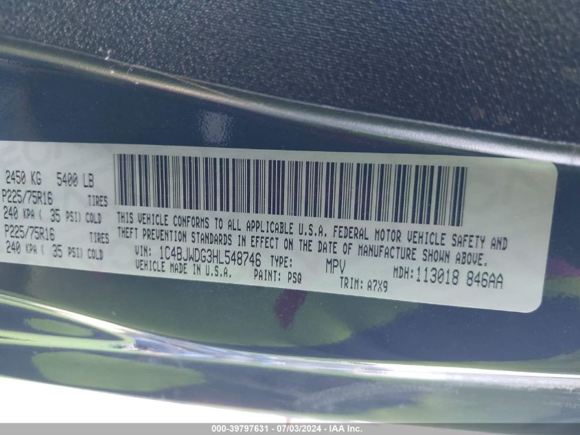 2017 Jeep Wrangler Unlimited Sport 4X4 VIN: 1C4BJWDG3HL548746 Lot: 39797631