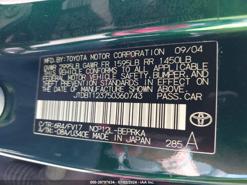 2005 Toyota Echo VIN: JTDBT123750360743 Lot: 39797634