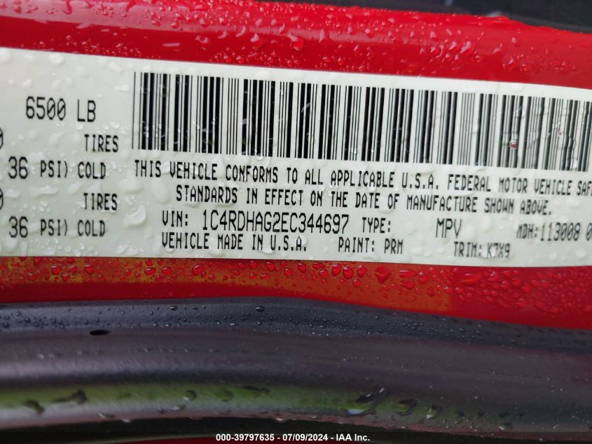 2014 Dodge Durango Sxt VIN: 1C4RDHAG2EC344697 Lot: 39797635