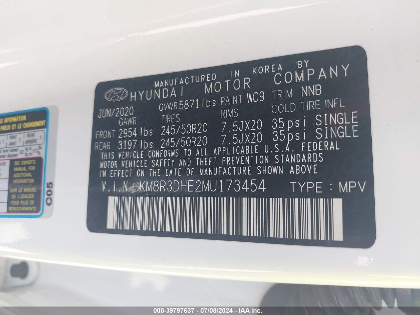 2021 Hyundai Palisade Sel VIN: KM8R3DHE2MU173454 Lot: 39797637