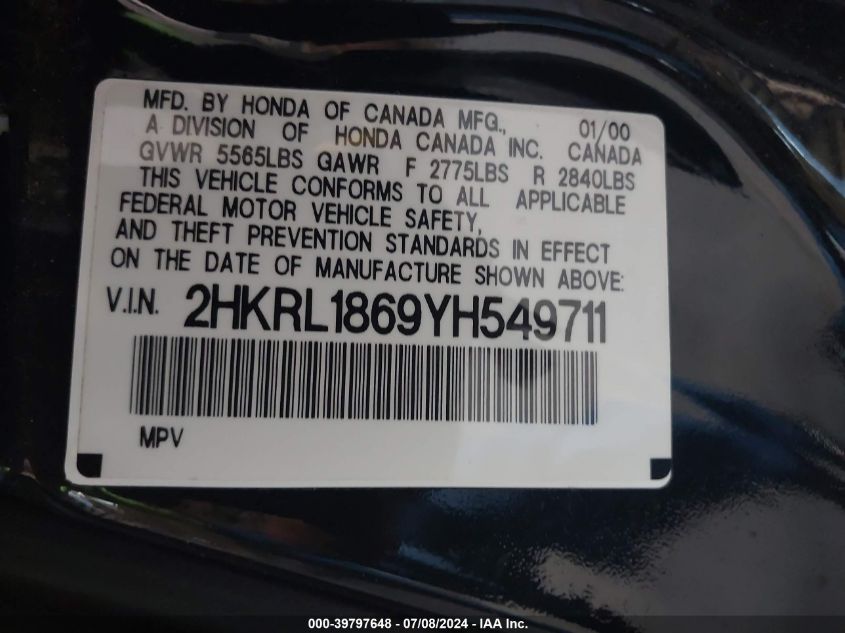 2000 Honda Odyssey Ex VIN: 2HKRL1869YH549711 Lot: 39797648