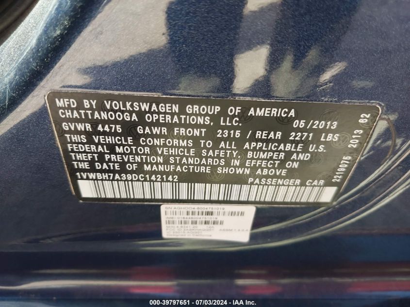2013 Volkswagen Passat 2.5L Se VIN: 1VWBH7A39DC142142 Lot: 39797651
