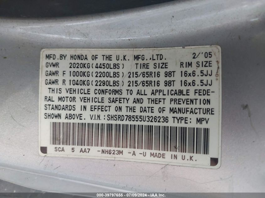 2005 Honda Cr-V Lx VIN: SHSRD78555U326236 Lot: 39797655