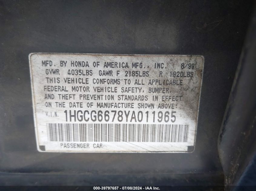 2000 Honda Accord 2.3 Ex VIN: 1HGCG6678YA011965 Lot: 39797657