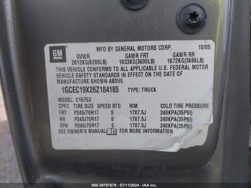2006 Chevrolet Silverado 1500 Ls VIN: 1GCEC19X26Z184185 Lot: 39797679