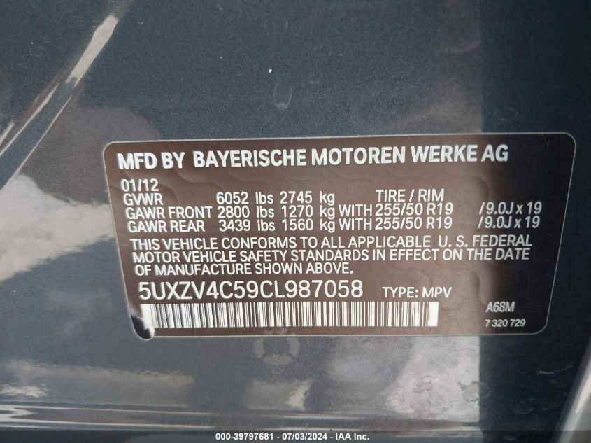 2012 BMW X5 xDrive35I VIN: 5UXZV4C59CL987058 Lot: 39797681