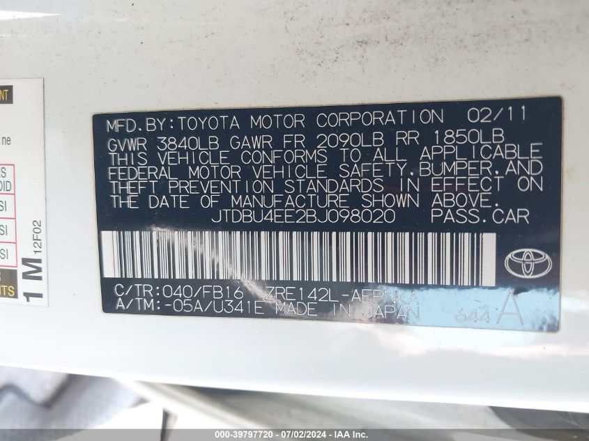 2011 Toyota Corolla Le VIN: JTDBU4EE2BJ098020 Lot: 39797720