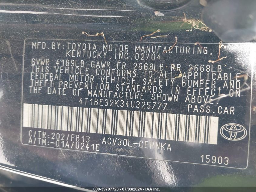 2004 Toyota Camry Le VIN: 4T1BE32K34U325777 Lot: 39797723