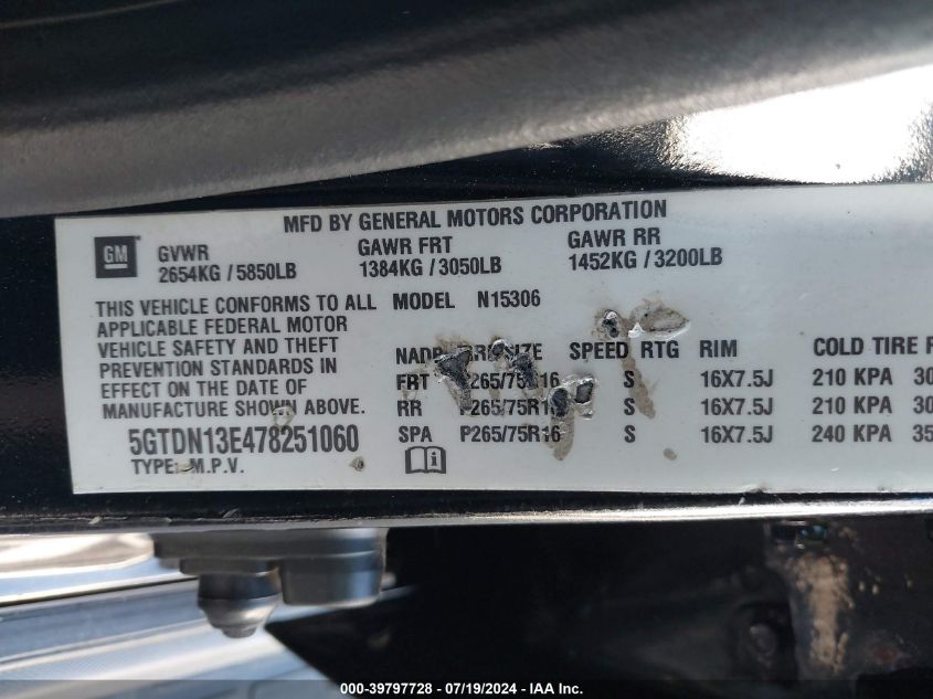 2007 Hummer H3 Suv VIN: 5GTDN13E478251060 Lot: 39797728