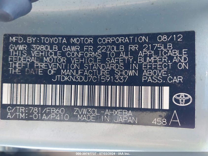2012 Toyota Prius Two VIN: JTDKN3DU7C1591337 Lot: 39797737