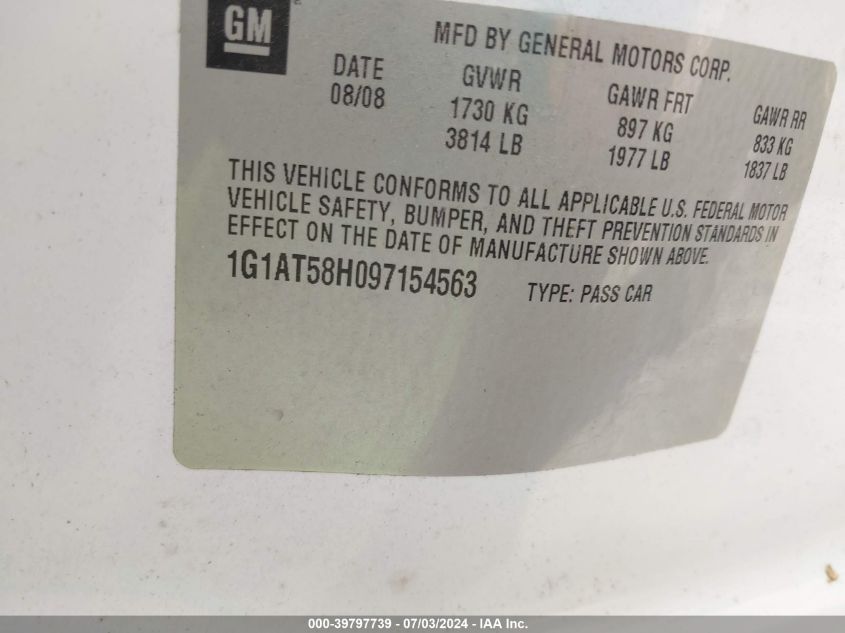 2009 Chevrolet Cobalt Lt VIN: 1G1AT58H097154563 Lot: 39797739