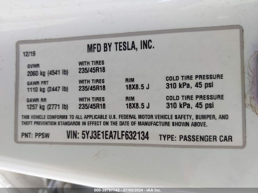 2020 Tesla Model 3 Standard Range Plus Rear-Wheel Drive/Standard Range Rear-Wheel Drive VIN: 5YJ3E1EA7LF632134 Lot: 39797742