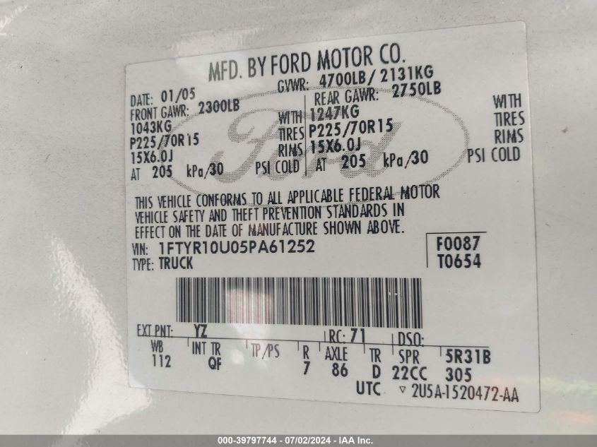 2005 Ford Ranger Edge/Stx/Xl/Xls/Xlt VIN: 1FTYR10U05PA61252 Lot: 39797744