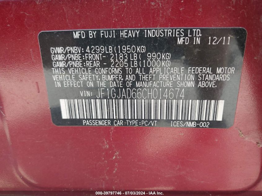 2012 Subaru Impreza Premium VIN: JF1GJAD66CH014674 Lot: 39797746