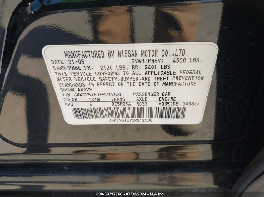 2005 Infiniti G35 VIN: JNKCV51E75M212530 Lot: 39797768