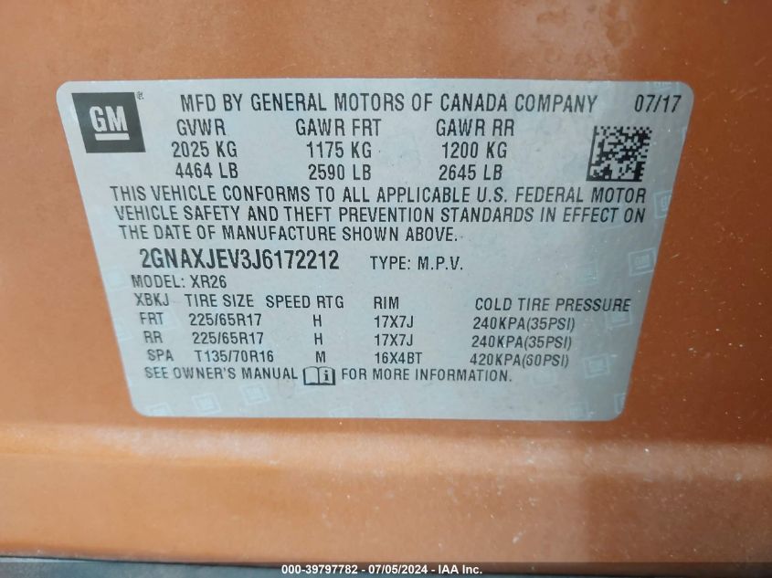 2018 Chevrolet Equinox Lt VIN: 2GNAXJEV3J6172212 Lot: 39797782