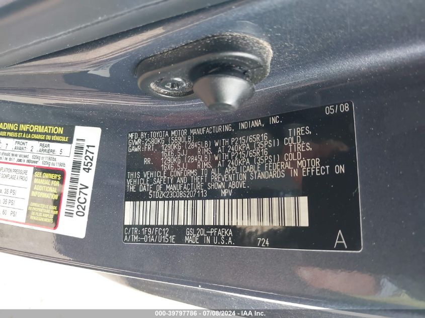 2008 Toyota Sienna Le VIN: 5TDZK23C08S207113 Lot: 39797786