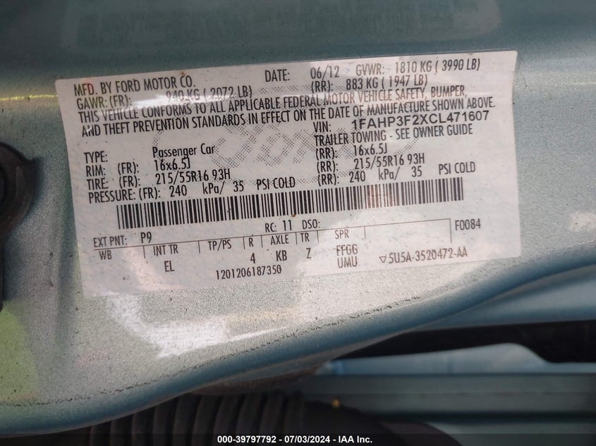 2012 Ford Focus Se VIN: 1FAHP3F2XCL471607 Lot: 39797792