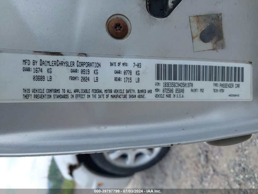 2004 Dodge Neon Sxt VIN: 1B3ES56C94D501970 Lot: 39797799