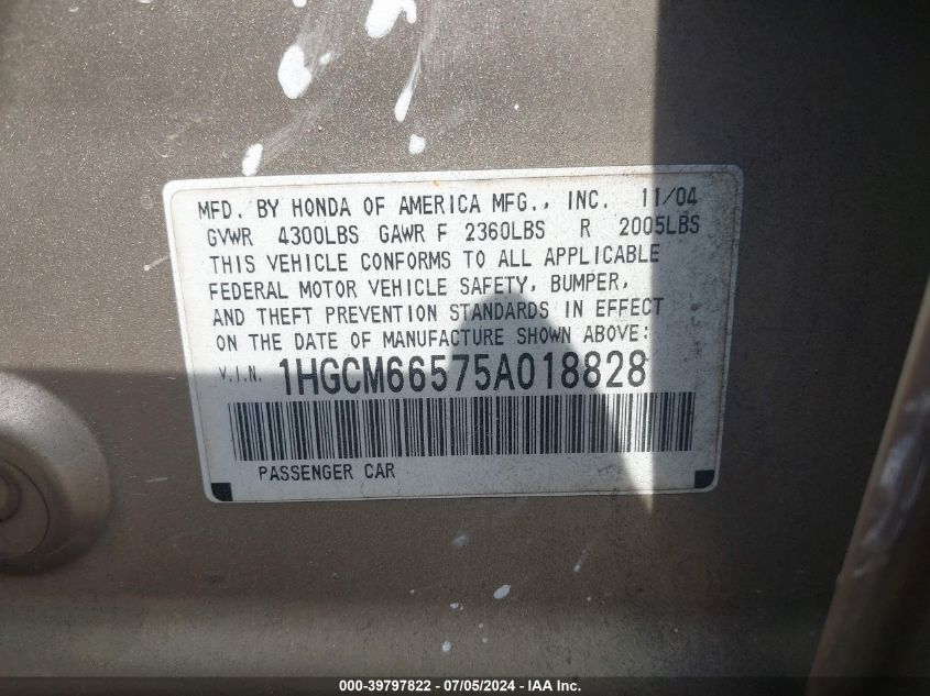 2005 Honda Accord 3.0 Ex VIN: 1HGCM66575A018828 Lot: 39797822