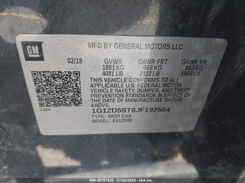 2018 Chevrolet Malibu Lt VIN: 1G1ZD5ST6JF192564 Lot: 39797830