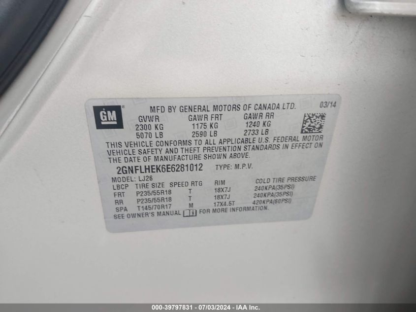 2GNFLHEK6E6281012 2014 Chevrolet Equinox Ltz