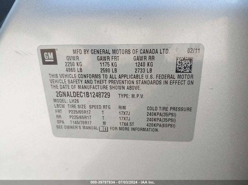 2011 Chevrolet Equinox 1Lt VIN: 2GNALDEC1B1248729 Lot: 39797834