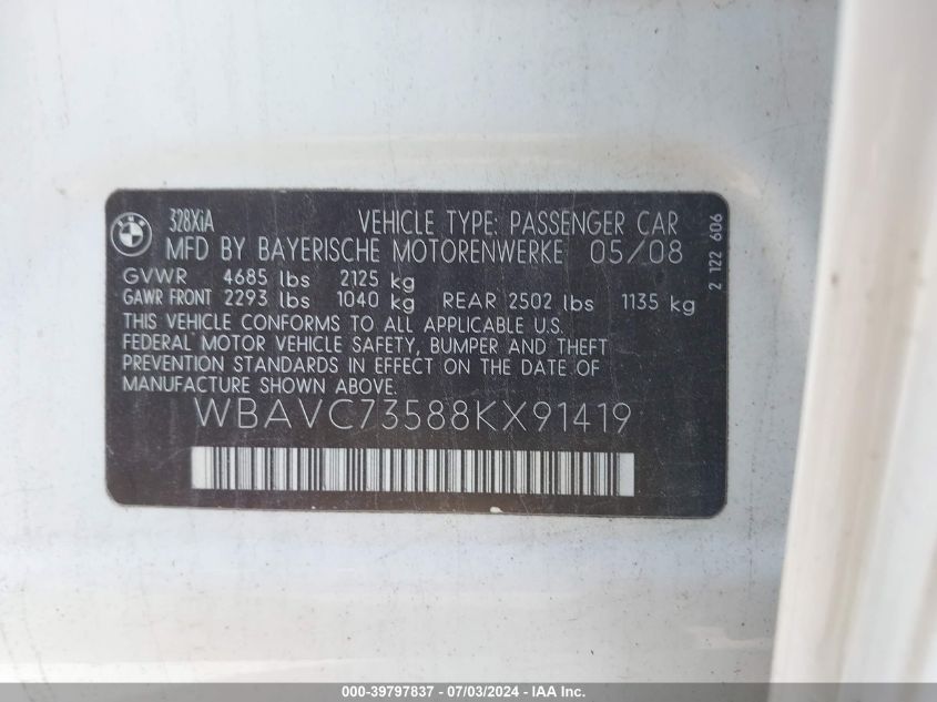 2008 BMW 328Xi VIN: WBAVC73588KX91419 Lot: 39797837