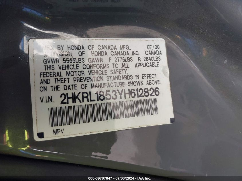 2000 Honda Odyssey Lx VIN: 2HKRL1853YH612826 Lot: 39797847