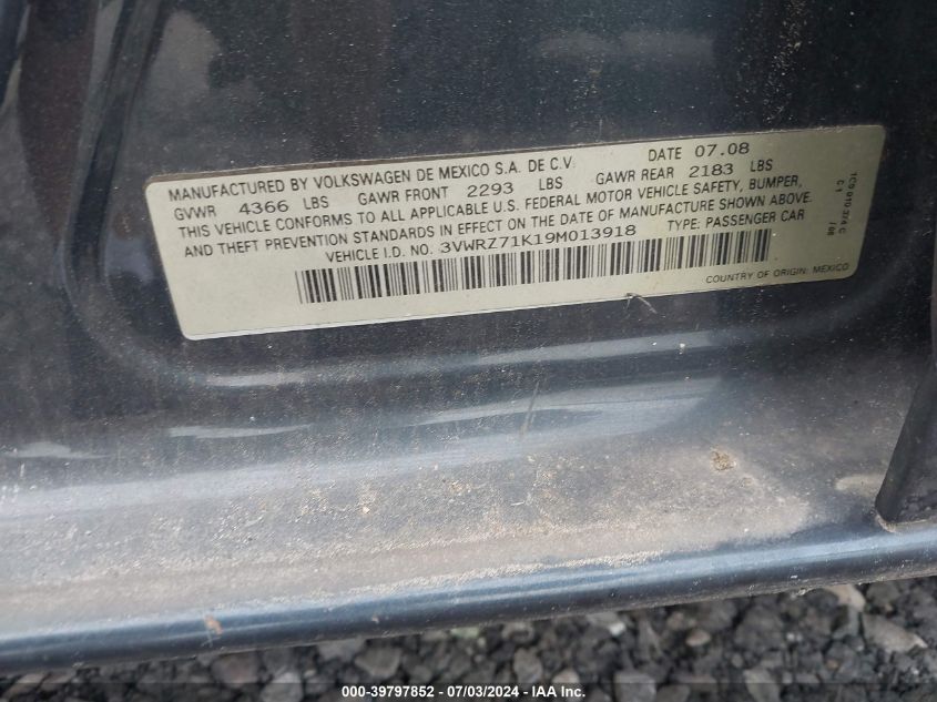 2009 Volkswagen Jetta Se/Sel VIN: 3VWRZ71K19M013918 Lot: 39797852