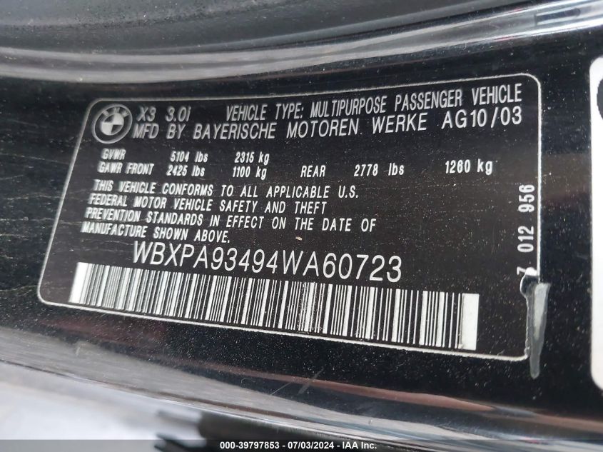 2004 BMW X3 3.0I VIN: WBXPA93494WA60723 Lot: 39797853