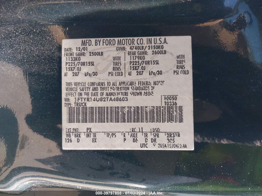 2002 Ford Ranger Edge/Tremor/Xl/Xlt VIN: 1FTYR14U82TA48603 Lot: 39797855