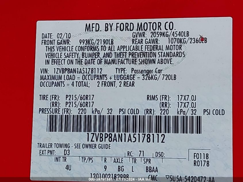 2010 Ford Mustang V6/V6 Premium VIN: 1ZVBP8AN1A5178112 Lot: 39797861