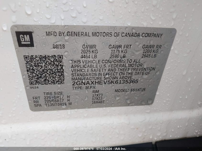 2019 Chevrolet Equinox Ls VIN: 2GNAXHEV5K6135365 Lot: 39797875