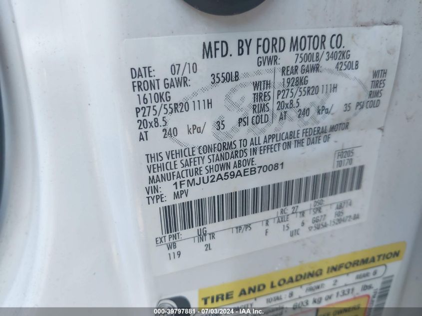 2010 Ford Expedition Limited VIN: 1FMJU2A59AEB70081 Lot: 39797881