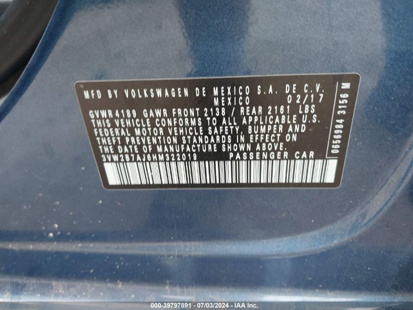 2017 Volkswagen Jetta 1.4T S VIN: 3VW2B7AJ6HM322019 Lot: 39797891