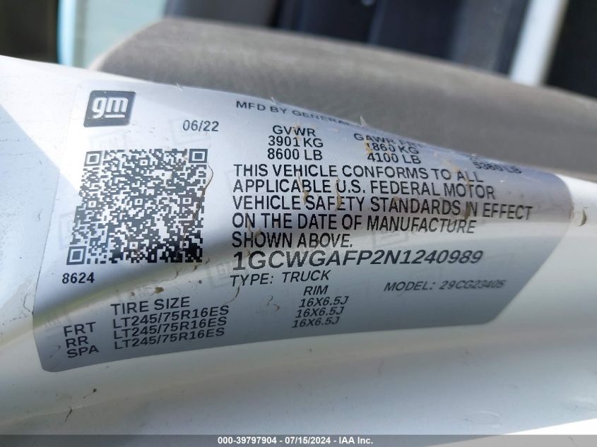 2022 Chevrolet Express Cargo Rwd 2500 Regular Wheelbase Wt VIN: 1GCWGAFP2N1240989 Lot: 39797904
