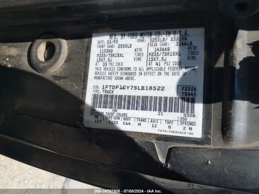1995 Ford F150 VIN: 1FTDF15Y7SLB18522 Lot: 39797905