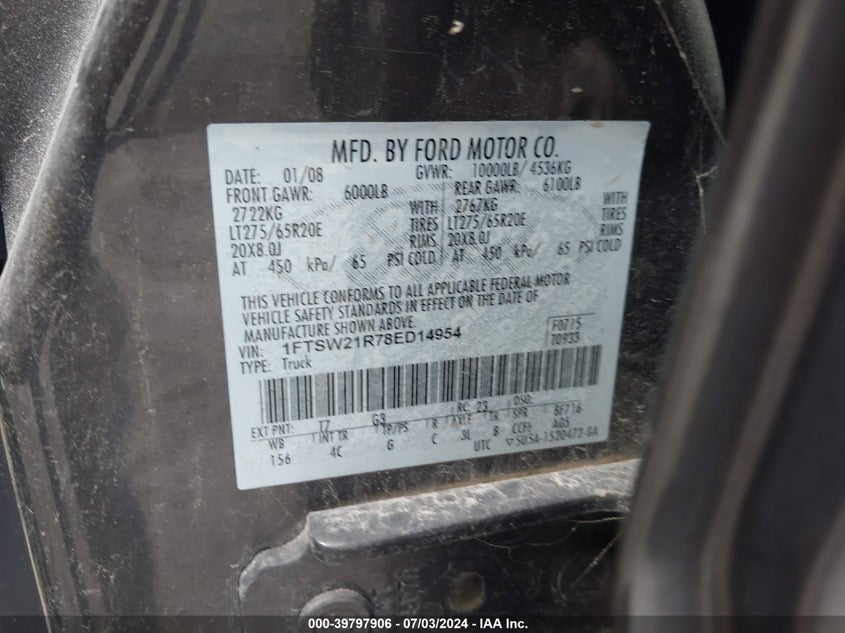 2008 Ford F-250 Fx4/Harley-Davidson/King Ranch/Lariat/Xl/Xlt VIN: 1FTSW21R78ED14954 Lot: 39797906