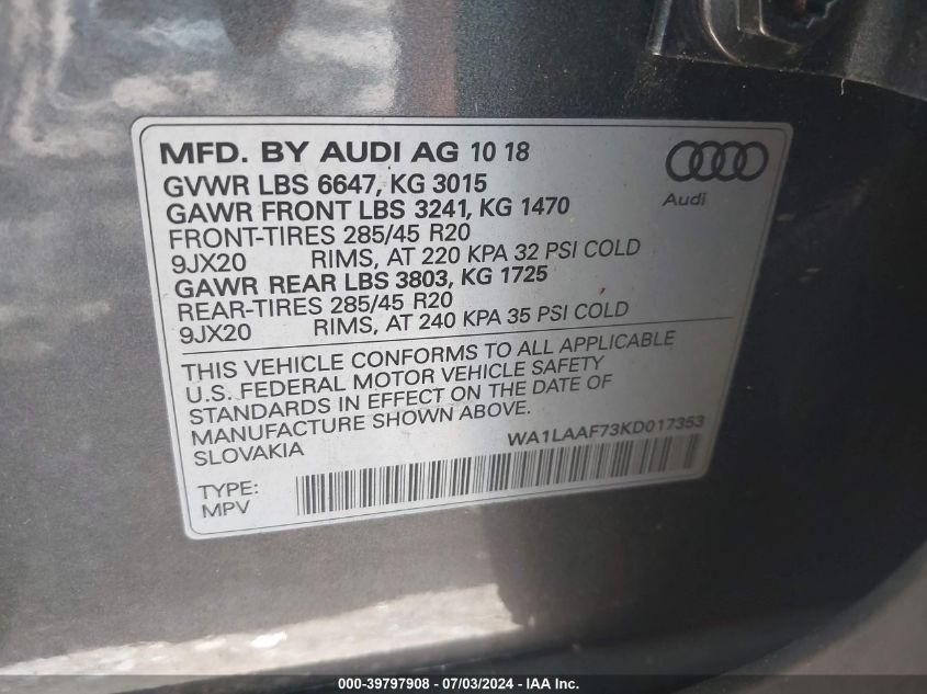 2019 Audi Q7 55 Premium/55 Se Premium VIN: WA1LAAF73KD017353 Lot: 39797908