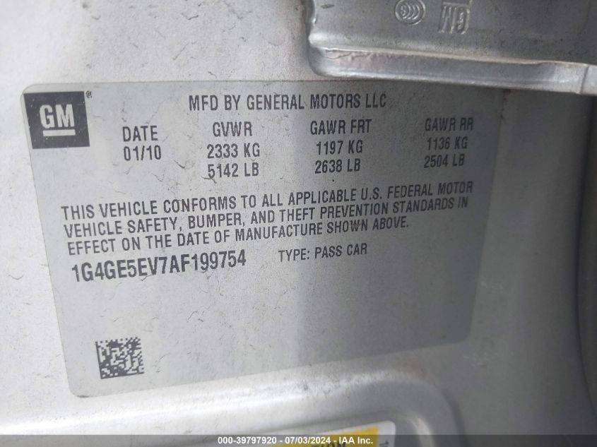 2010 Buick Lacrosse Cxs VIN: 1G4GE5EV7AF199754 Lot: 39797920