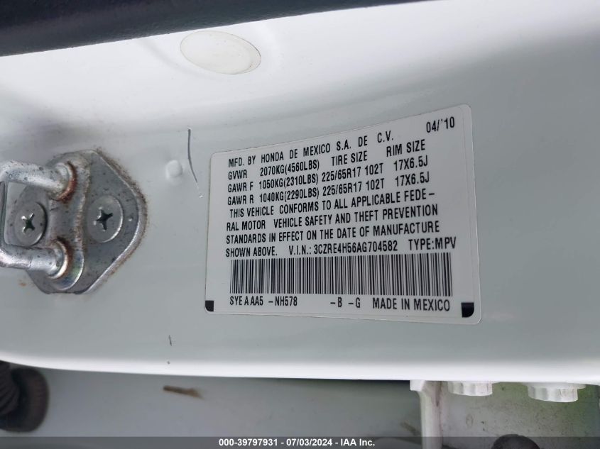 2010 Honda Cr-V Ex VIN: 3CZRE4H56AG704582 Lot: 39797931
