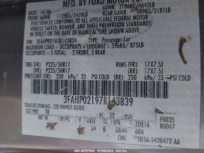 2007 Ford Fusion Sel VIN: 3FAHP02197R143839 Lot: 39797930